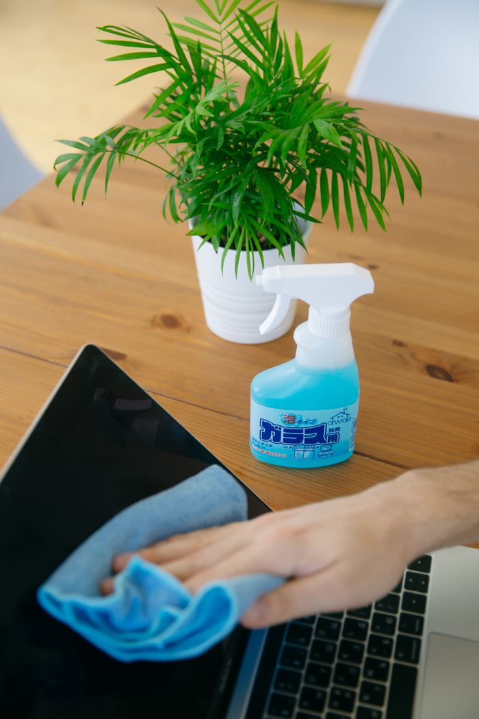 services-03 Close-up of a person cleaning a laptop screen with a blue cloth and spray cleaner, next to a houseplant.